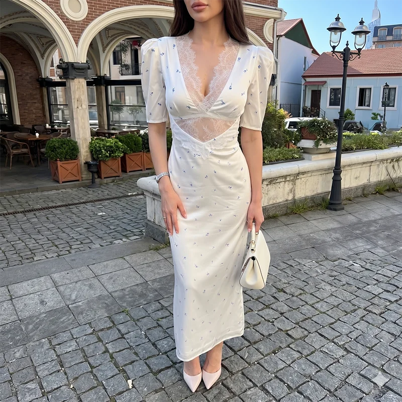 TARUXY Sexy Hollow Lace Dress – Short Sleeve Elegant High Waist Slim Print Summer Party Club Dress