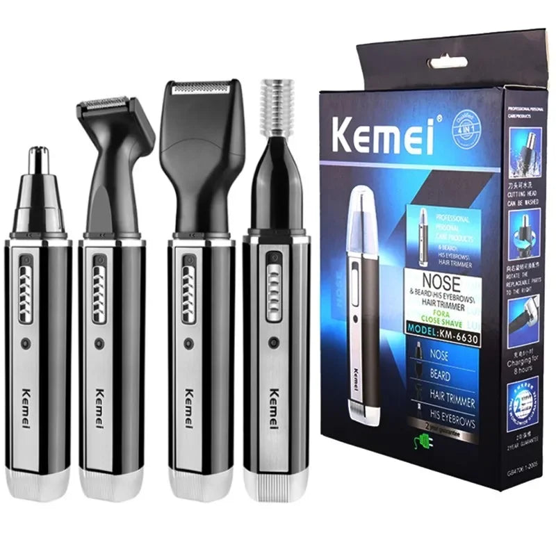 Kemei 4-in-1 Grooming Kit – Nose, Ear, Eyebrow & Beard Trimmer, USB Rechargeable