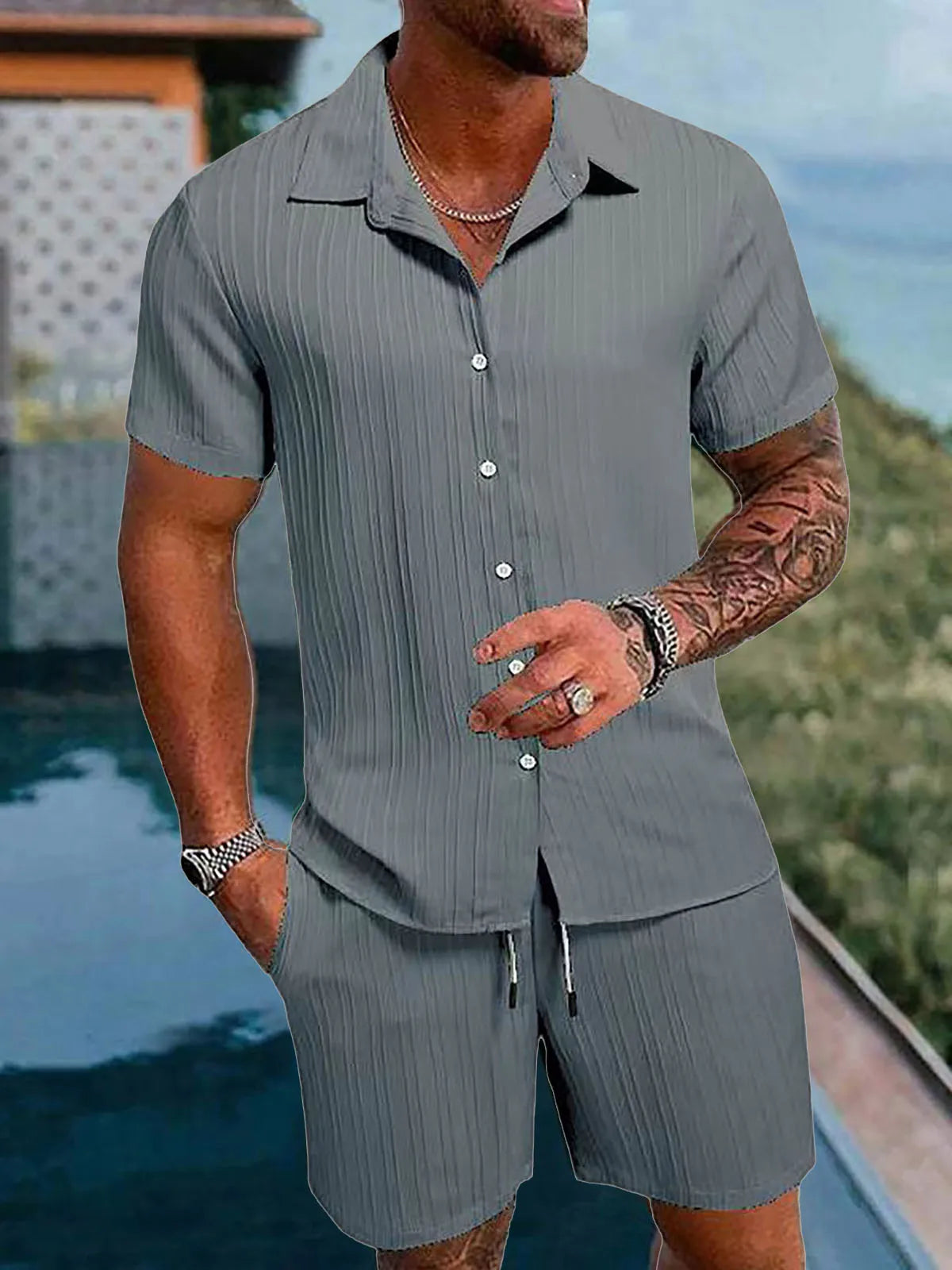 Men's Striped Polo Cardigan & Drawstring Shorts Sports Suit – Solid Color 2-Piece
