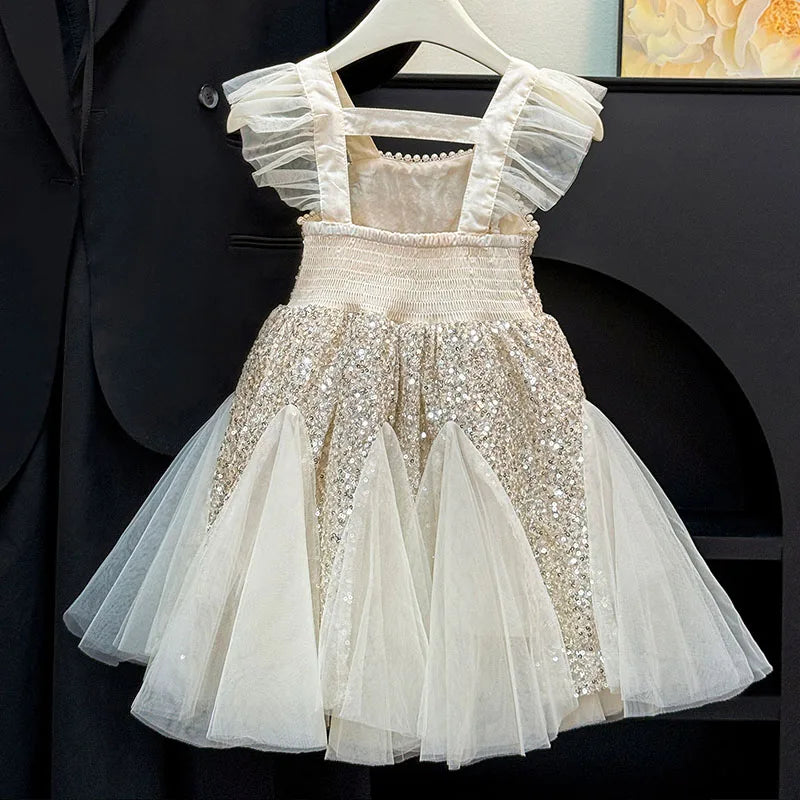 Sequin Flying Sleeve Girls Party Dress — Elegant Mesh Vest Princess Prom Dress
