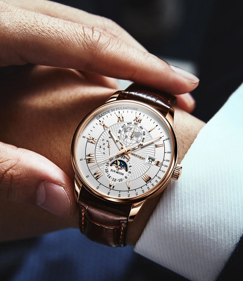 Men's Moon Phase Chronograph Quartz Watch | Luminous Leather Strap Luxury Sport Wristwatch