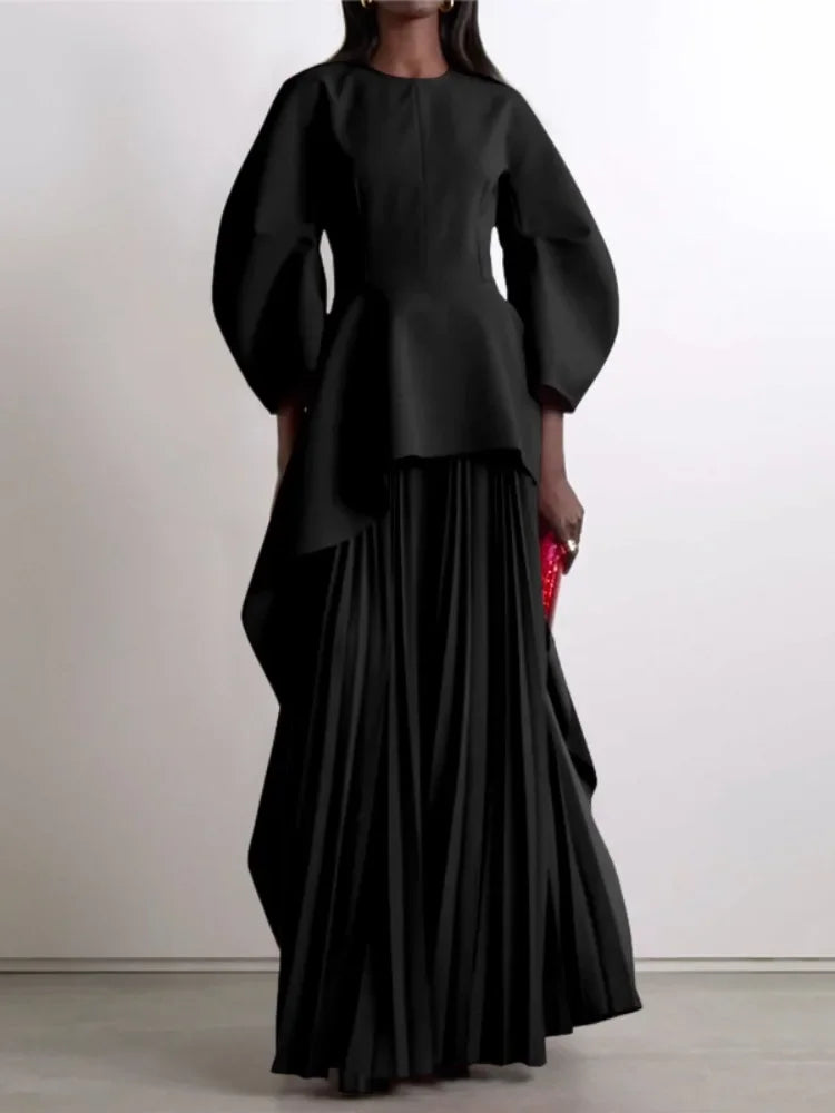Tiered Loose Pleated Kaftan Maxi Evening Dress — Elegant Solid Color Party Robe