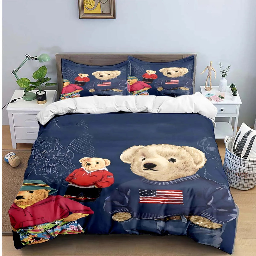 Cute Bear Print Bedding Set – Duvet Cover & Bed Linen, Single to King, Adults & Teens
