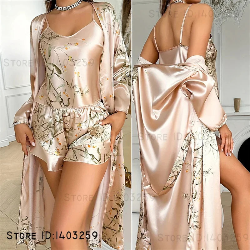 3-Piece Floral Kimono Robe & Pajama Set — Satin Loungewear