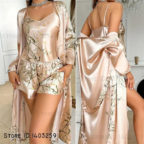 3-Piece Floral Kimono Robe & Pajama Set — Satin Loungewear