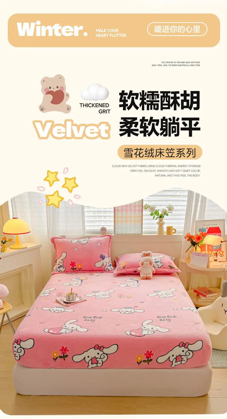 Flannel Fleece Fitted Bed Sheet – Warm Cartoon Purple, Elastic Single to King, Winter Bedsheet