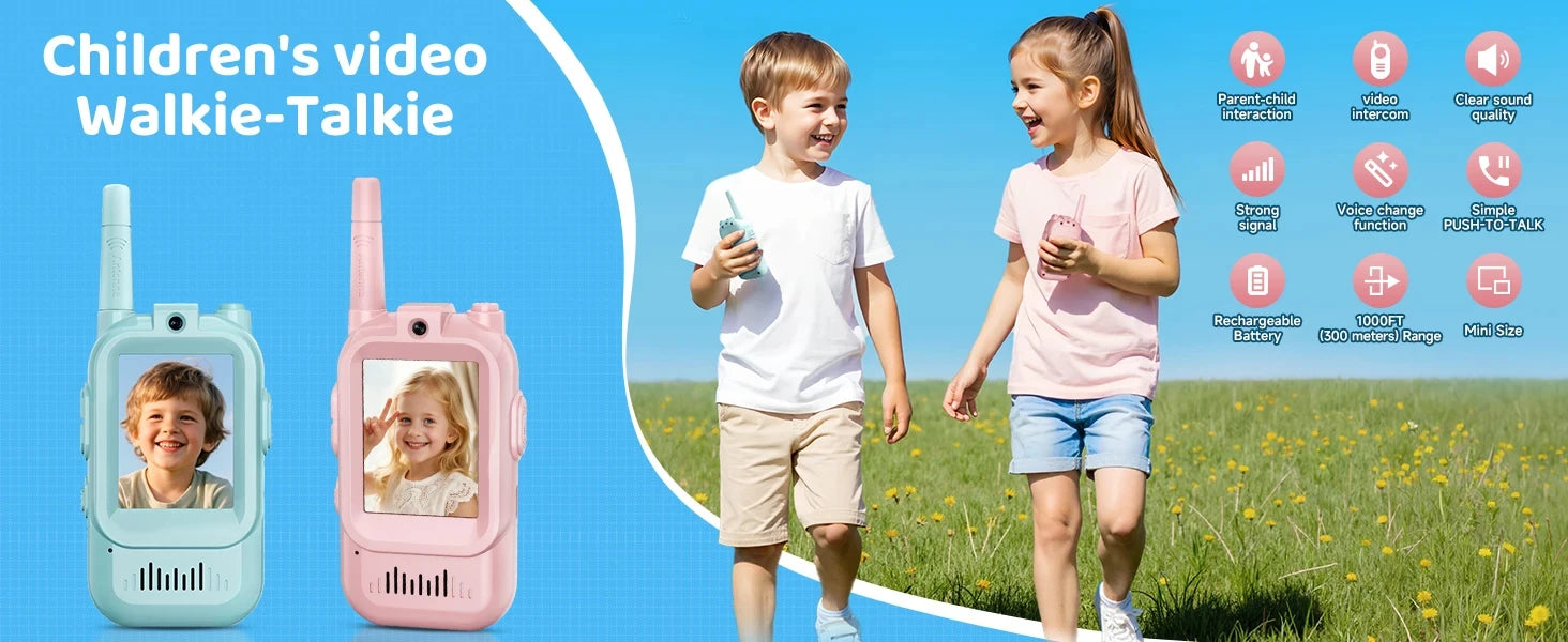 Kids Video Walkie Talkies 2-Pack – HD Screen, Face-to-Face Video, Voice Effects, 400m Range, No WiFi