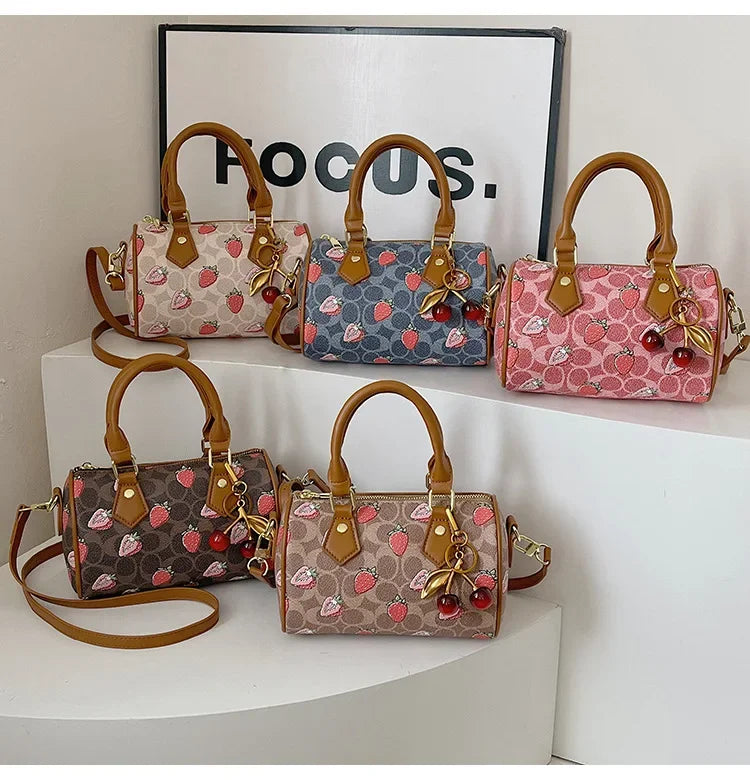 Cherry Print PU Leather Boston Crossbody Shoulder Bag – Luxury Designer Handbag for Women