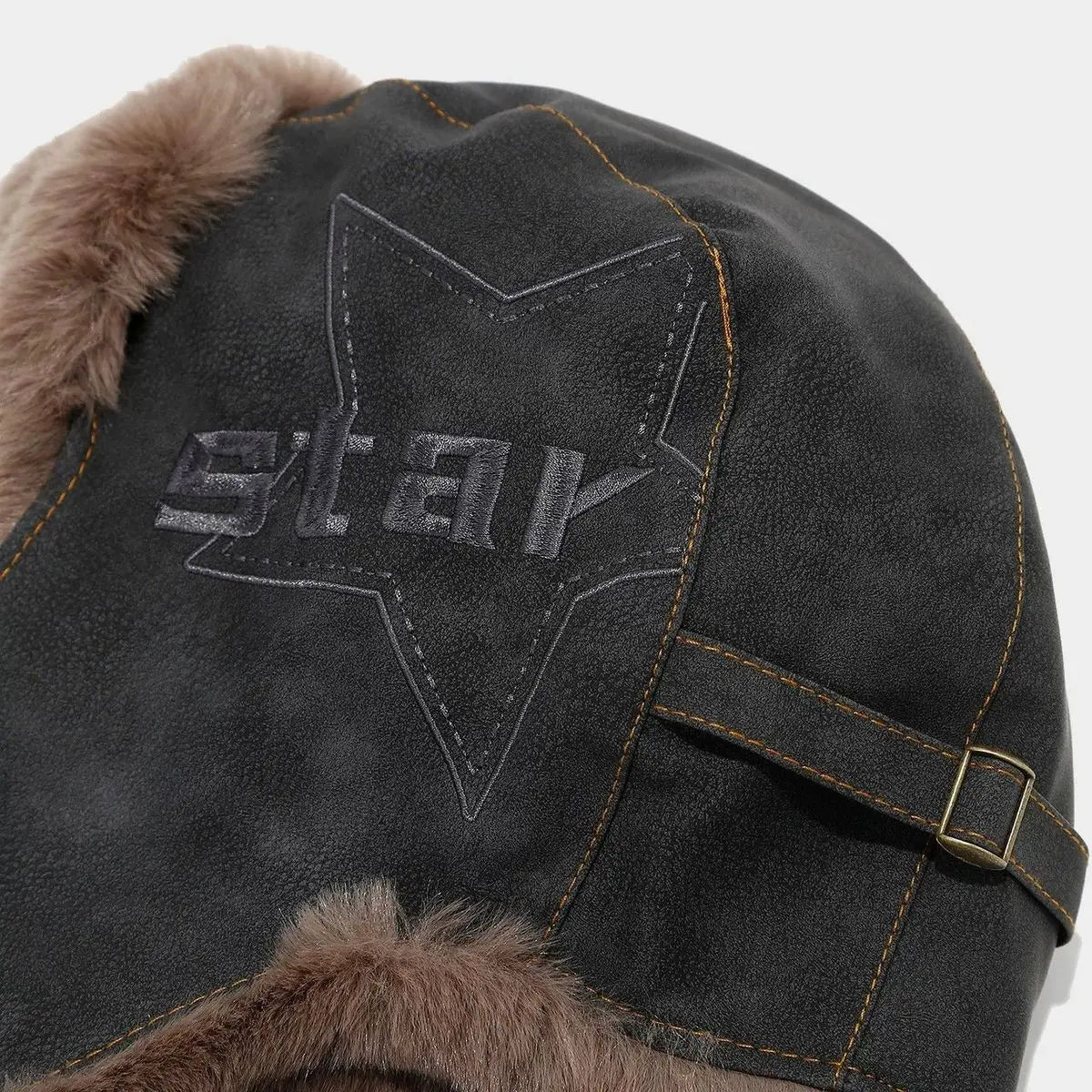 Faux Leather Trapper Hat with Plush Lining and Ear Flaps