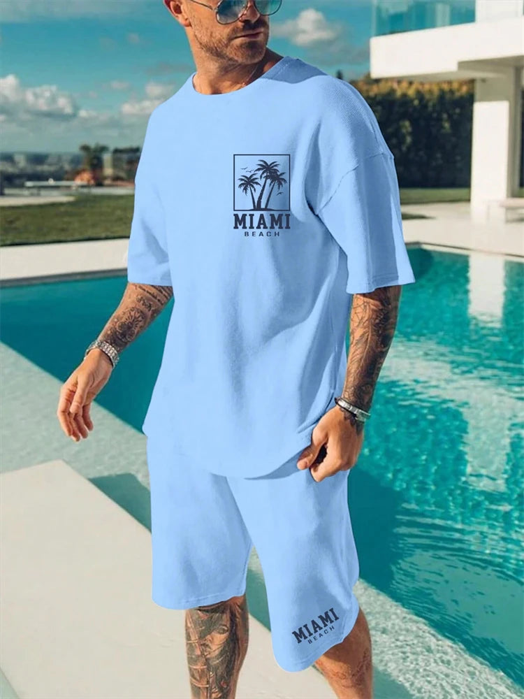 Men's Hawaiian Gradient Coconut Print T-Shirt & Pants 2-Piece Set – Beach Summer Sport