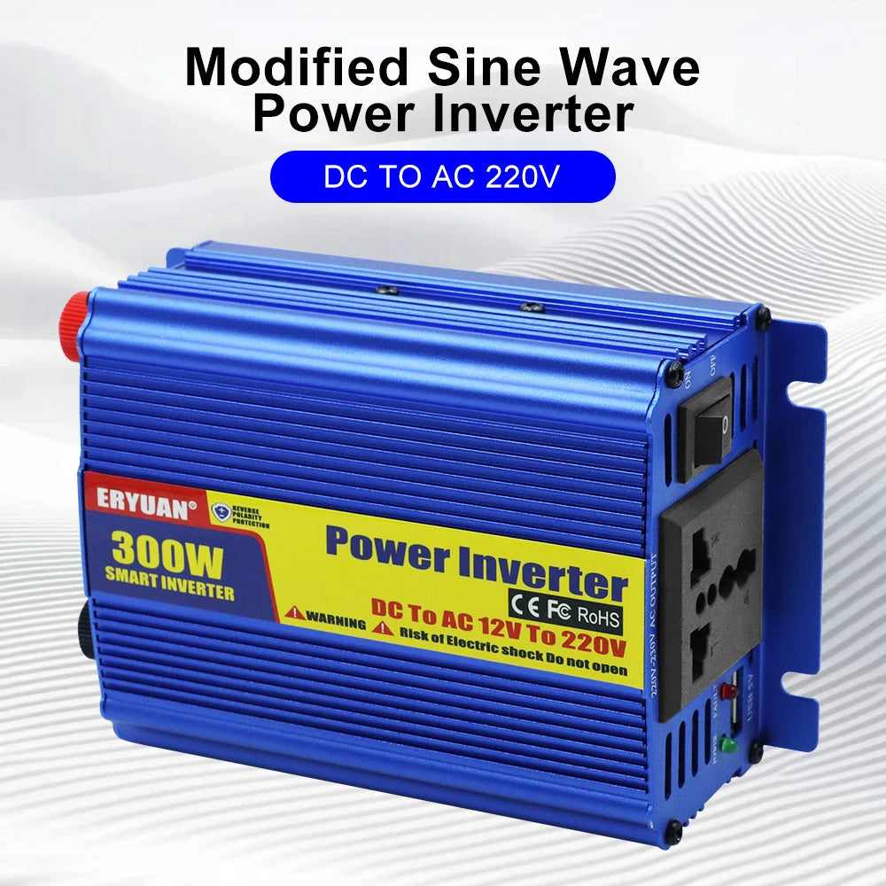 A blue 300W sine wave power inverter with a yellow and red ERYUAN label, shown against a light gray wavy background with text reading 'Modified Sine Wave Power Inverter' and 'DC TO AC 220V'.