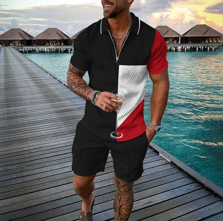 Men's 3D Printed Summer Tracksuit Set – Short Sleeve Polo Shirt & Shorts