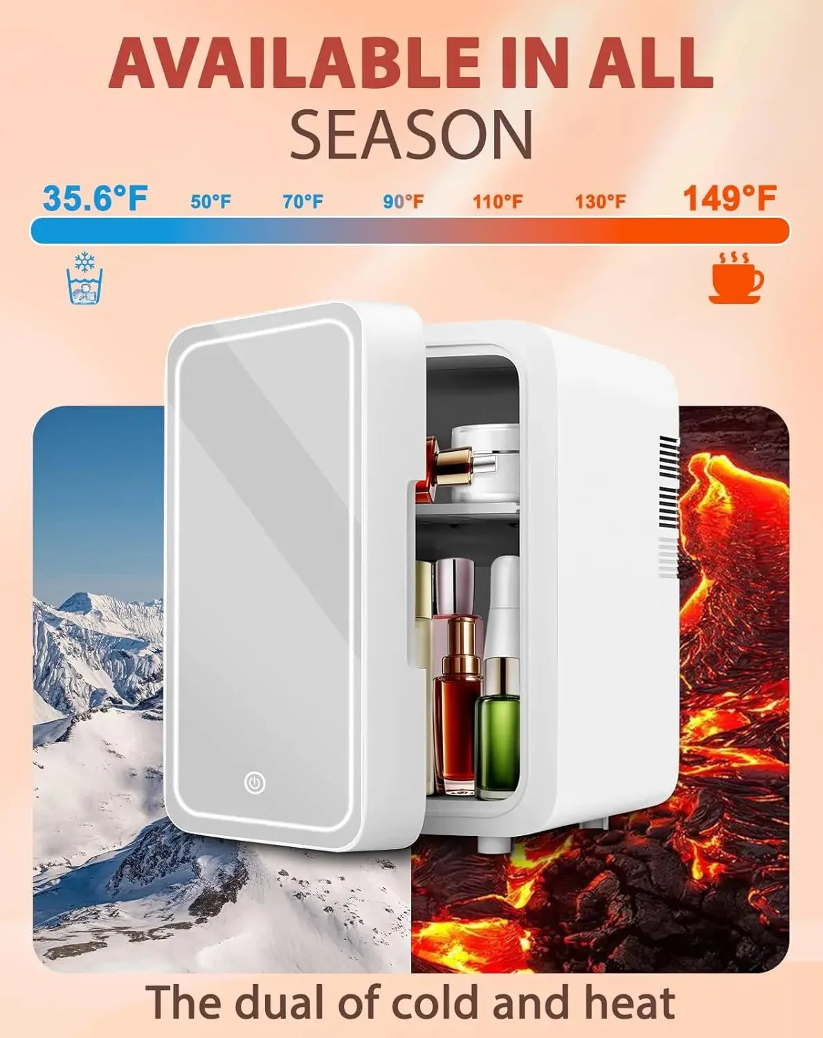 Skincare Fridge with Dimmable LED Light Mirror — 4L Makeup Mini Fridge for Bedroom & Car