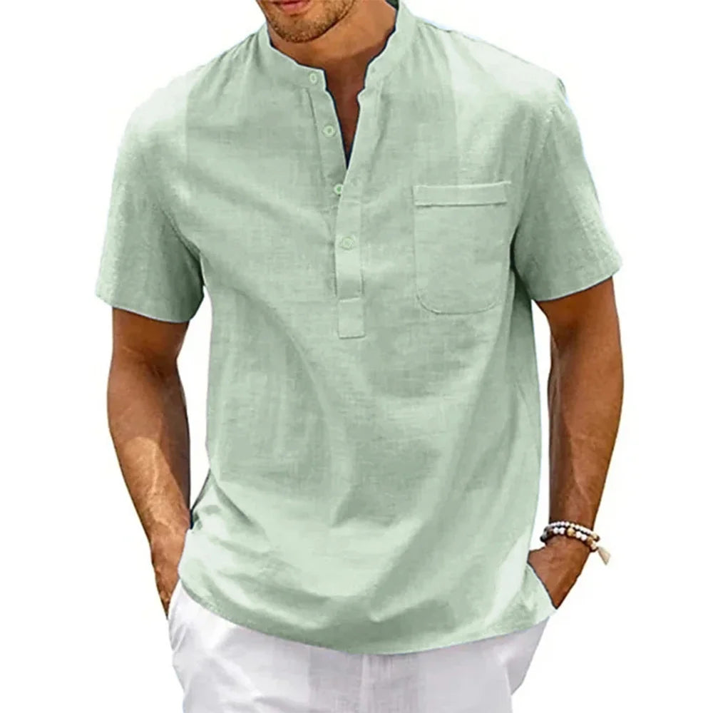 Men's Cotton Linen Henley Beach Short Sleeve Shirt — Lightweight Summer Casual Shirt