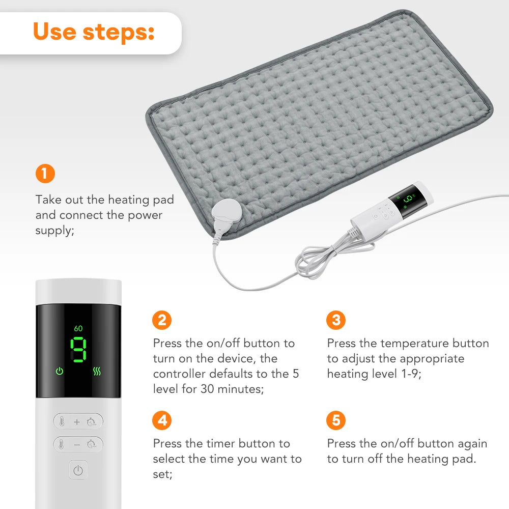 Electric Heating Pad — 9 Levels, 4 Modes, Timer, 30x60cm Washable Heated Blanket for Back, Shoulder & Knee