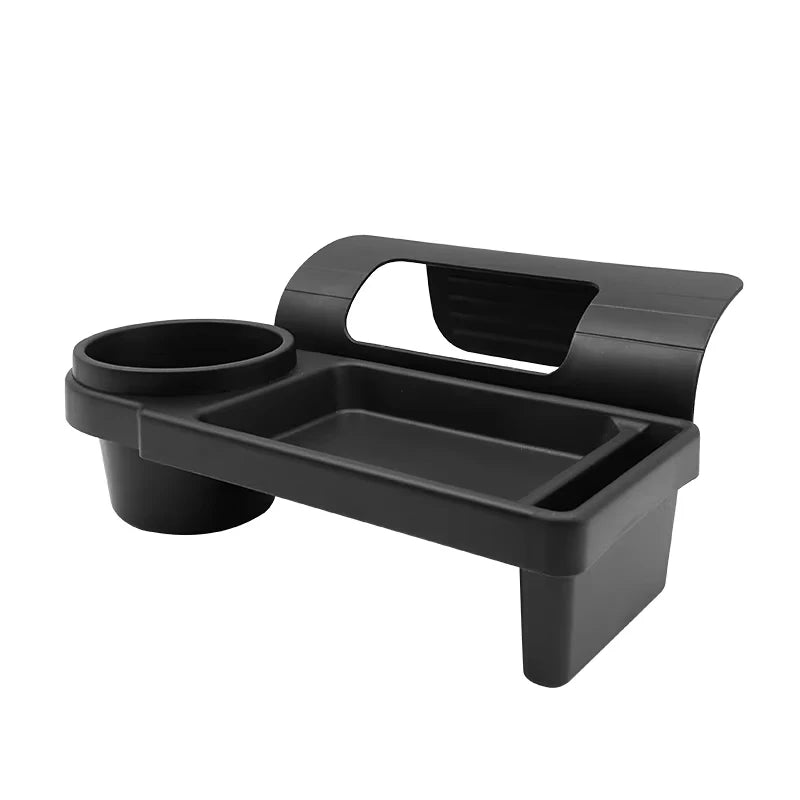 Black car cup holder tray with additional compartments on a white background