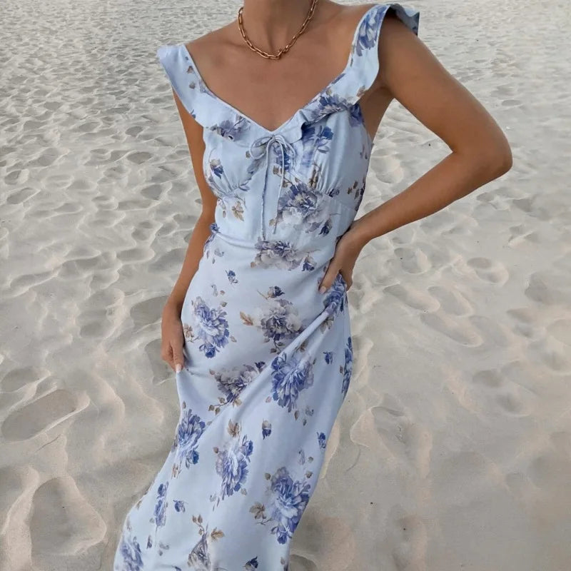 Floral Plunge Backless Maxi Dress — Sexy Fairy Beach Vacation Dress