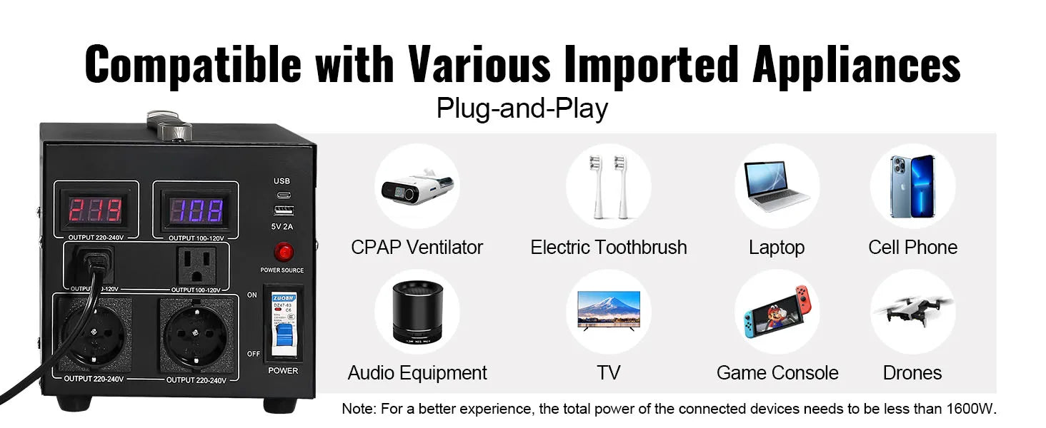 Heavy Duty Voltage Converter Transformer — 2000VA/3000VA/5000VA Step Up/Down, US & EU Outlets