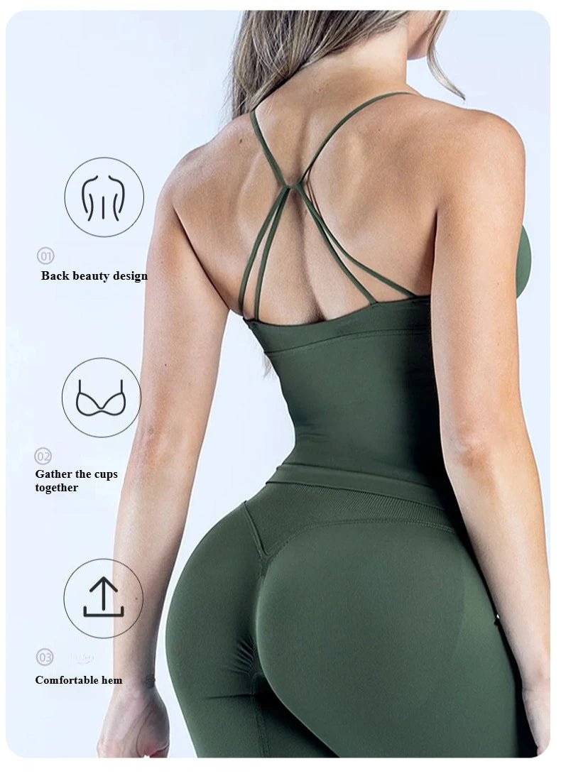 Women's Seamless Cross Sports Vest – Padded Backless Yoga Gym Workout Fitness Camisole