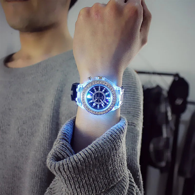 LED Luminous Flash Rhinestone Watch | Kids Men Women Silicone Fashion Wristwatch