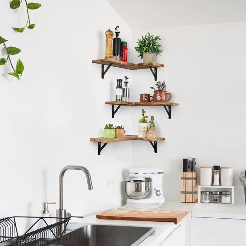 L-Shaped Wood Corner Floating Shelves — Wall-Mounted Bookshelf for Living Room, Bedroom & Kitchen