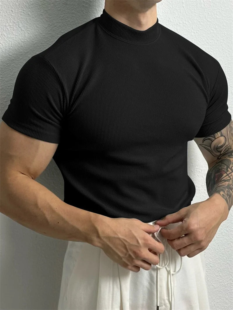 Men's Striped High Collar Short Sleeve Fitness Top — Athletic Training Shirt