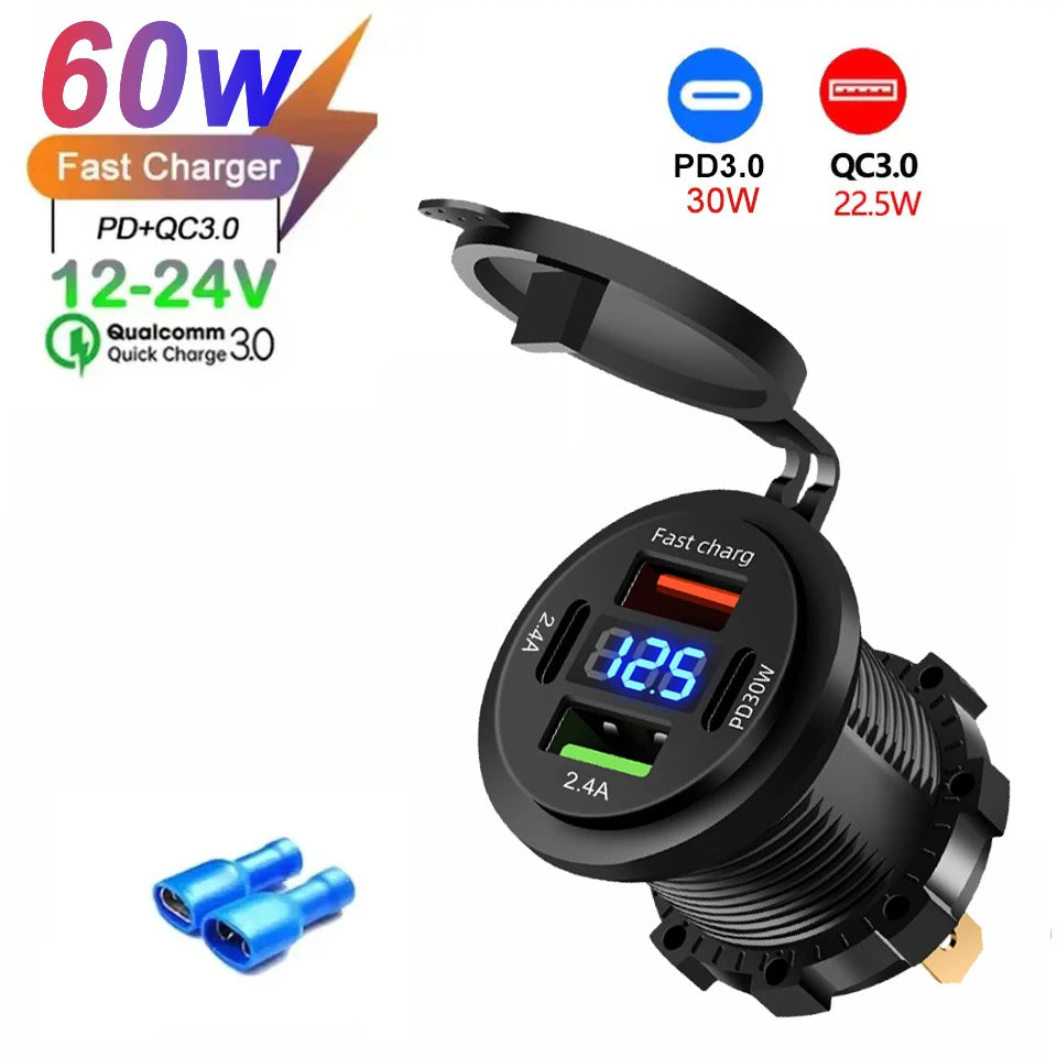 Car USB Charger with Voltmeter – PD3.0 & QC3.0 Fast Charging Socket for Motorcycle, Boat & Auto (12/24V)