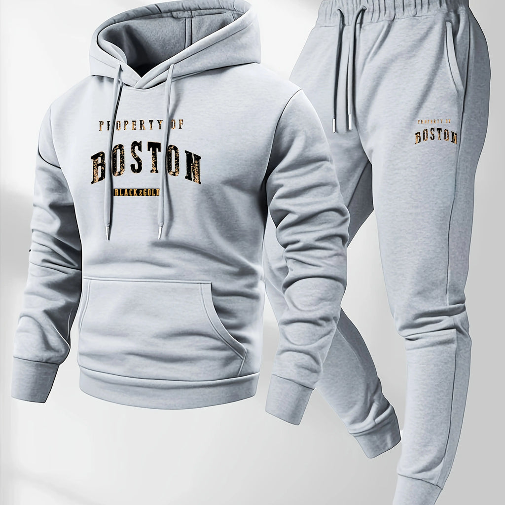 Men's Boston Print Hoodie & Velvet Sweatpants Set – Warm Autumn Winter Tracksuit
