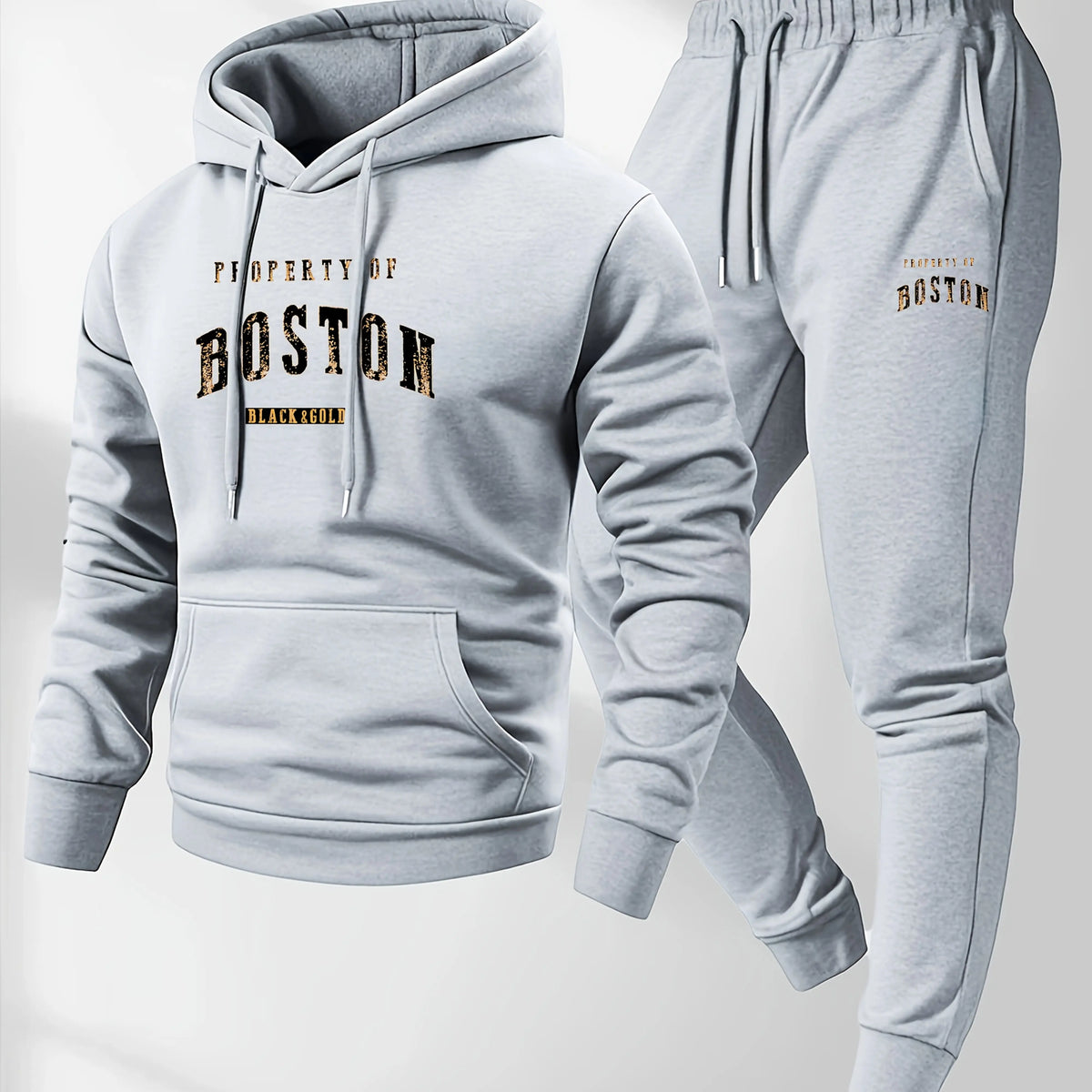 Men's Boston Print Hoodie & Velvet Sweatpants Set – Warm Autumn Winter Tracksuit