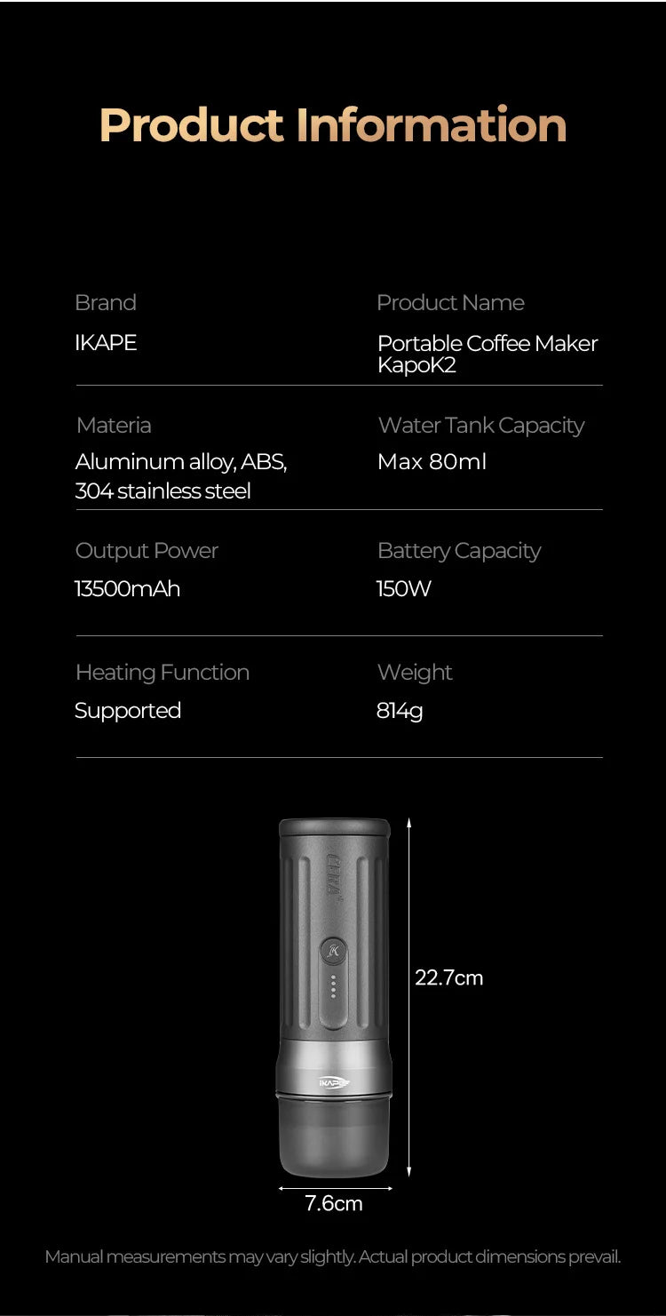 The Smartest Espresso Machine You Can Take Anywhere — IKAPE Kapo K2 | Bluetooth, 20-Bar, 13500mAh Battery, 51/58mm Portafilter