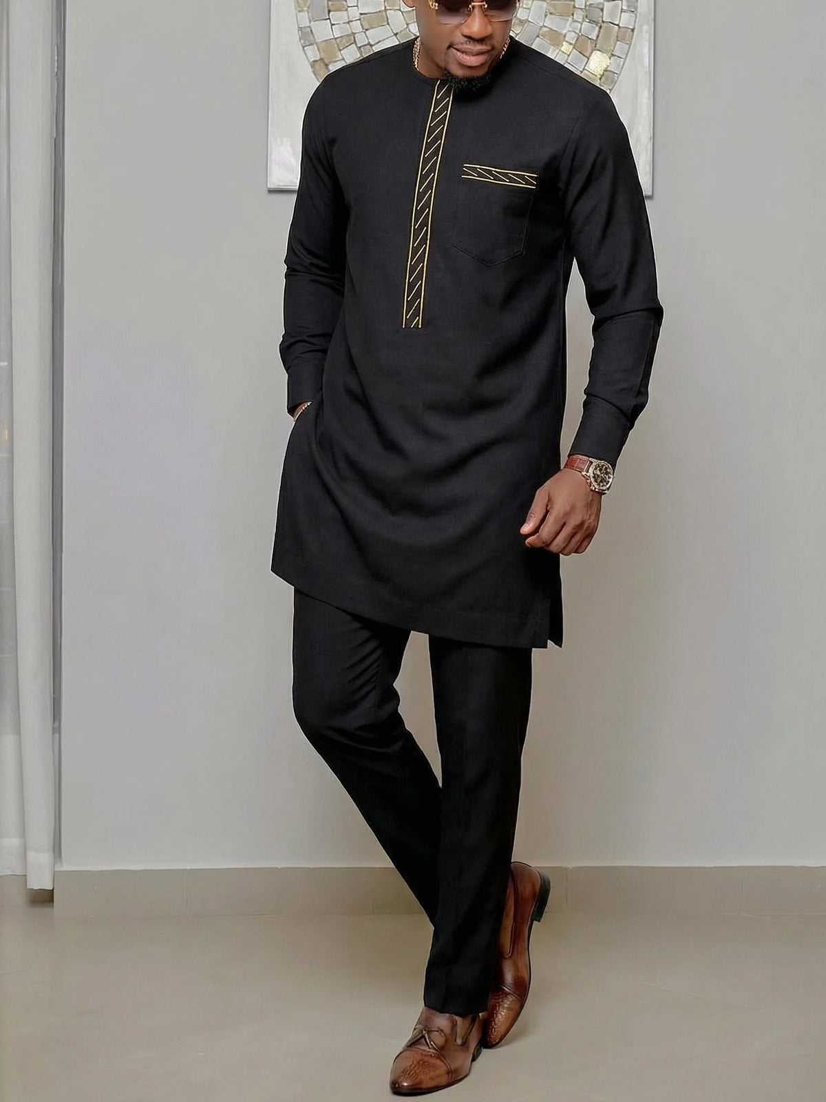 Men's African Kaunda Kaftan Long Sleeve Top & Pants 2-Piece Suit – Traditional Ethnic Wear