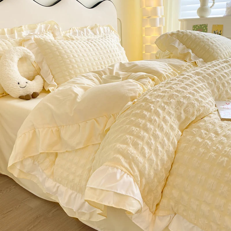 Korean Seersucker Lace Duvet Cover Set – 3-Piece Bedding, 3 Colors & 10 Sizes