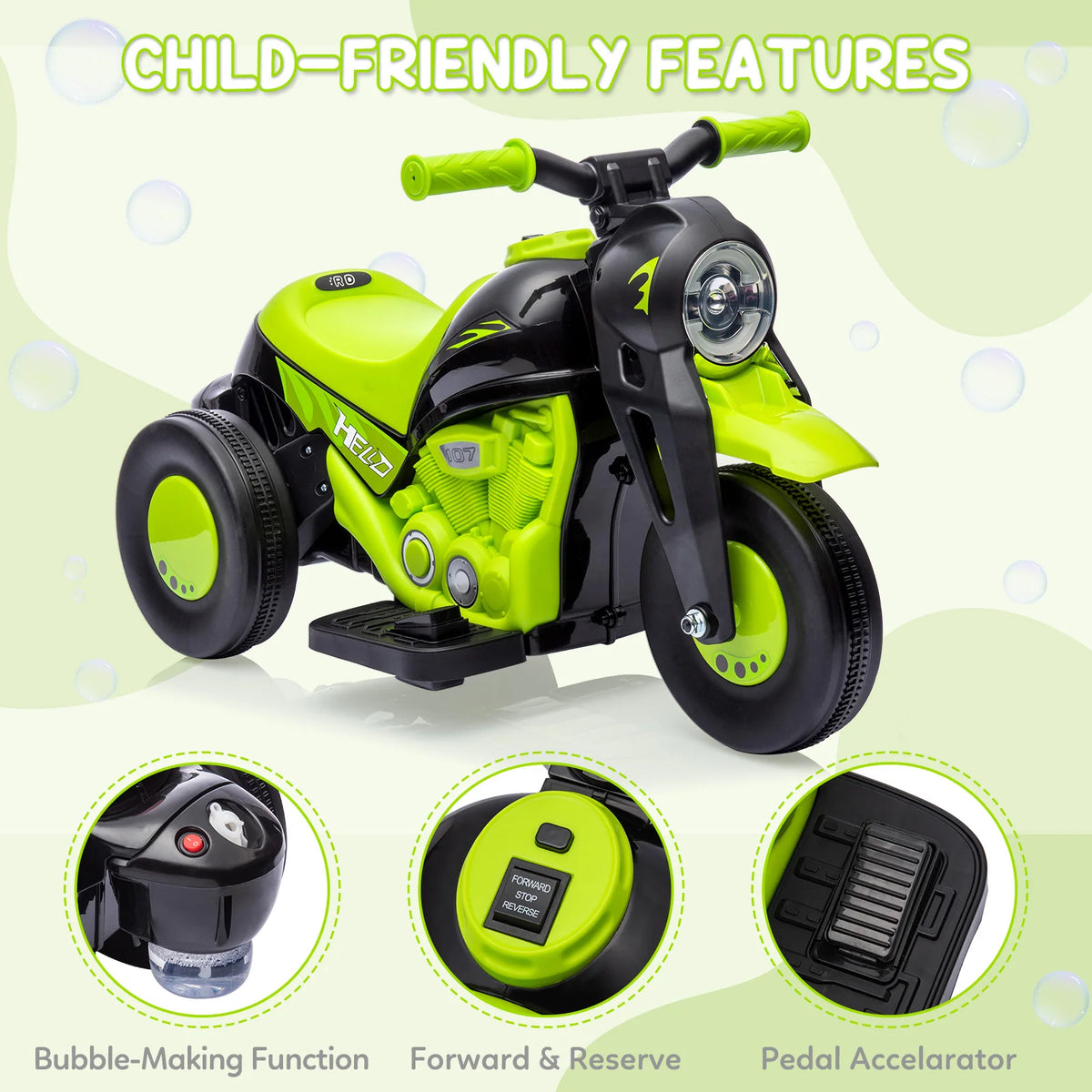 6V Kids Electric Motorcycle With Automatic Bubble Machine, Toddler Ride On Motorbike With Foot Pedal, Headlight, Music, Horn, 3 Wheels