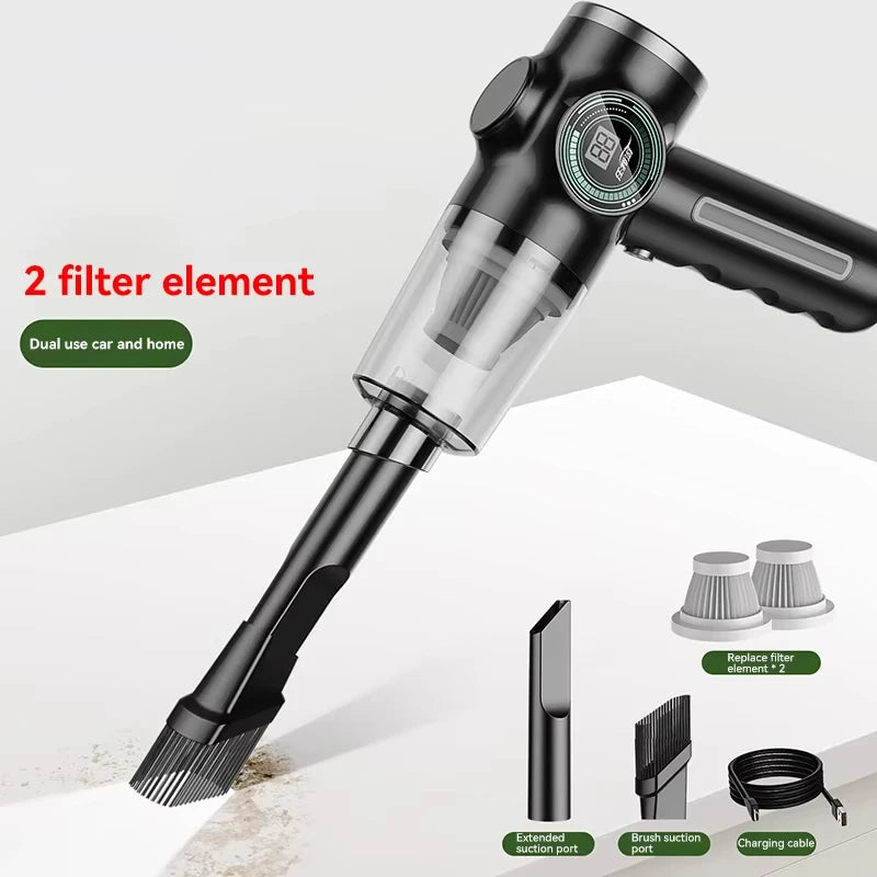 Portable cordless car vacuum with brush nozzle, crevice tool, two washable filters, dust container and charging cable