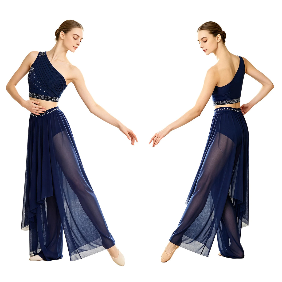 Women's Dance Performance Costume – Shiny Crop Top & Sheer Pants for Skating, Gymnastics & Ballet