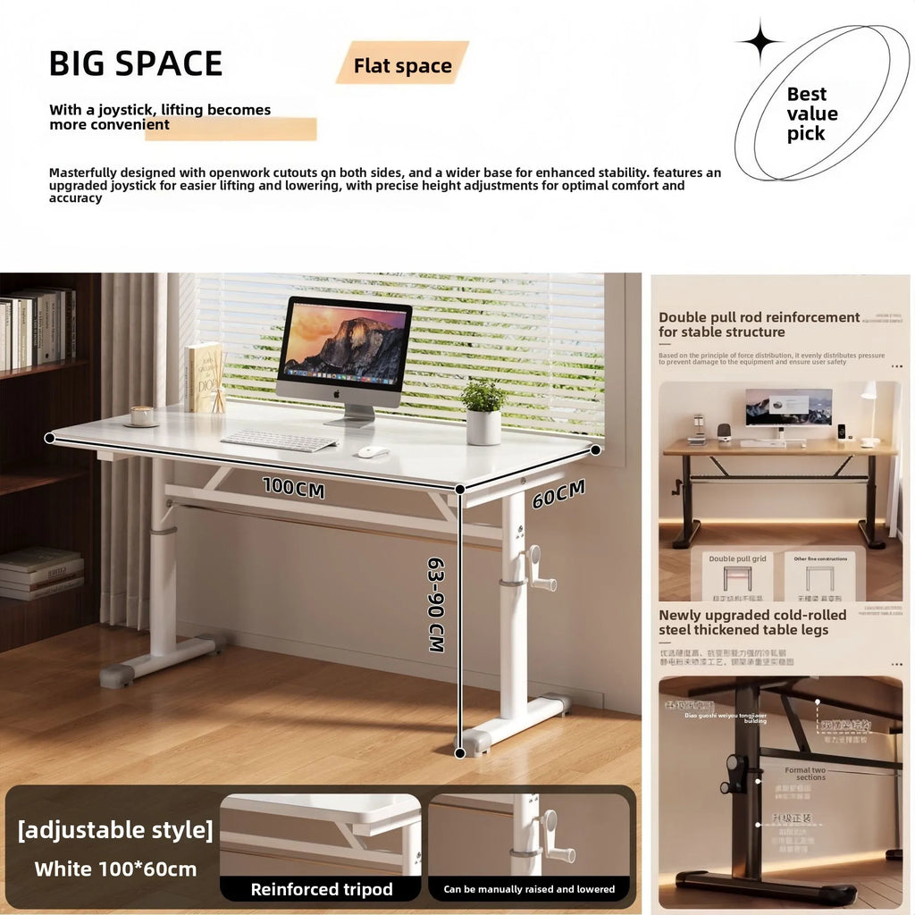 Manual Crank Height-Adjustable Computer Desk — Ergonomic Study Table, 65–95cm, Multiple Finishes
