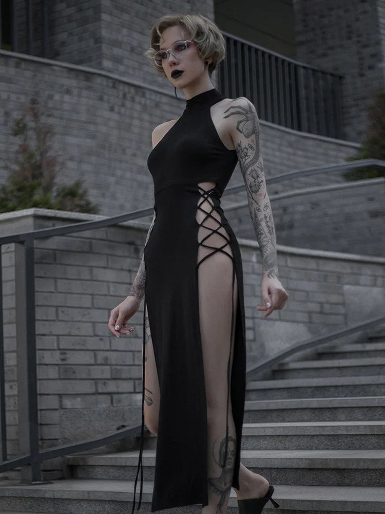 Gothic Halter Bandage Midi Dress — High Split Sexy Alt Partywear
