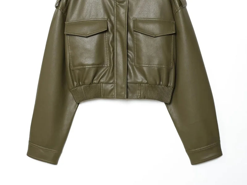 Women's Faux Leather Cropped Bomber Jacket – Zip-Up Moto Biker Coat