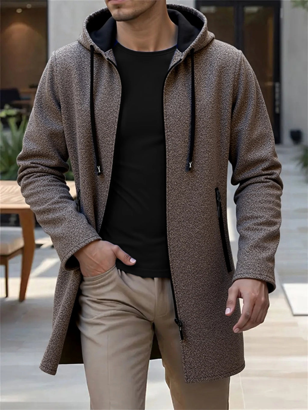 Men's Zip-Up Fleece-Lined Hooded Knit Jacket