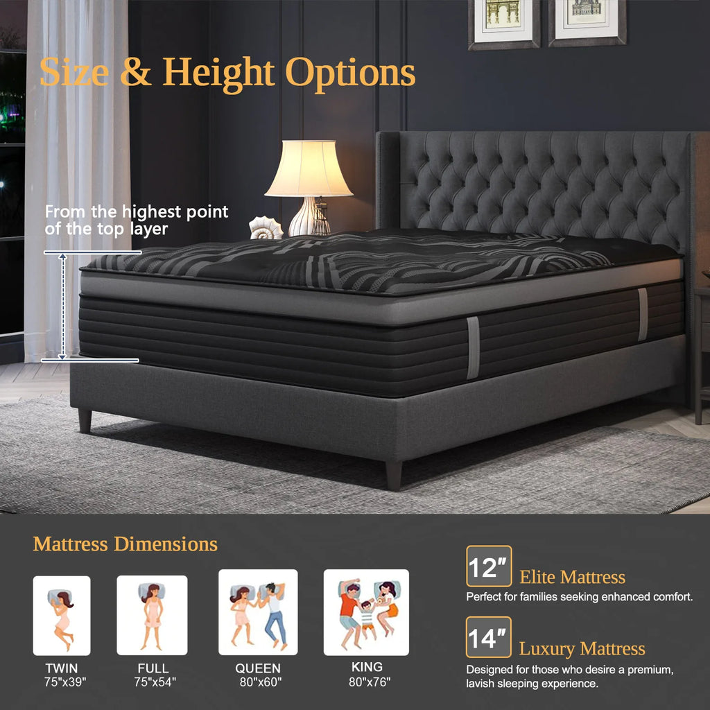 12"/14" Gel Memory Foam Hybrid Pocket Spring Mattress — Medium Firm, Motion Isolation, Twin to King Mattress in a Box