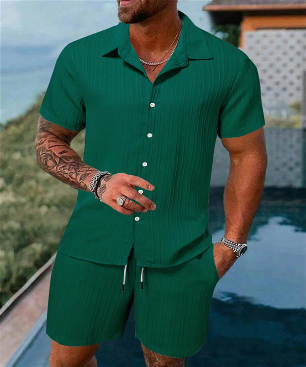 Men's Solid Color Casual Beach Shirt & Shorts Set – Loose Short Sleeve Outdoor Sport Summer 2-Piece