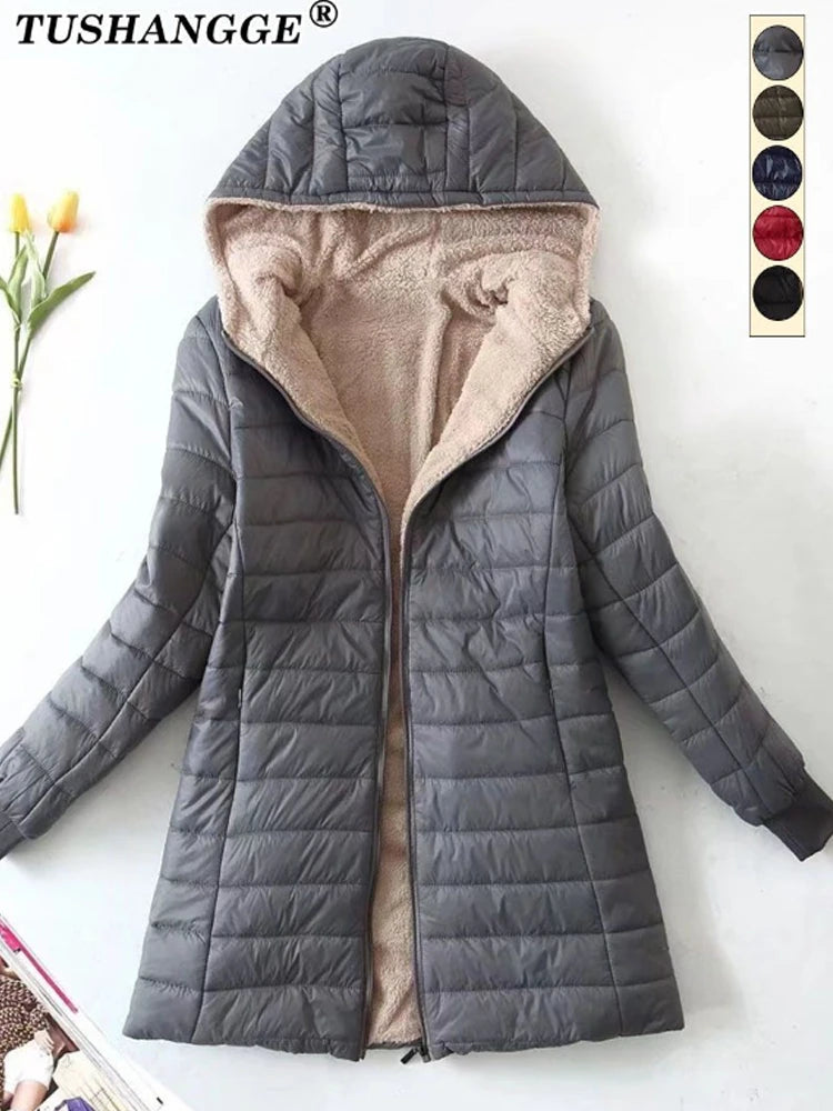 Korean Edition Hooded Women's Fleece Jacket – Mid-Length Warm Parka Coat