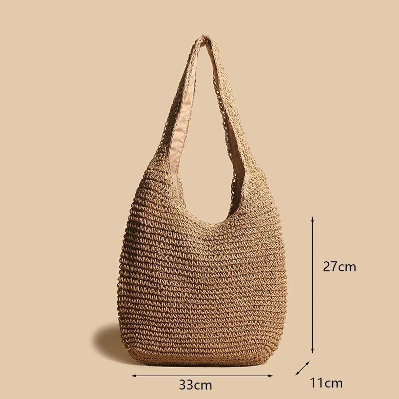 Handmade Straw Rattan Woven Tote Bag – Bohemian Beaded Summer Beach Shoulder Bag for Women