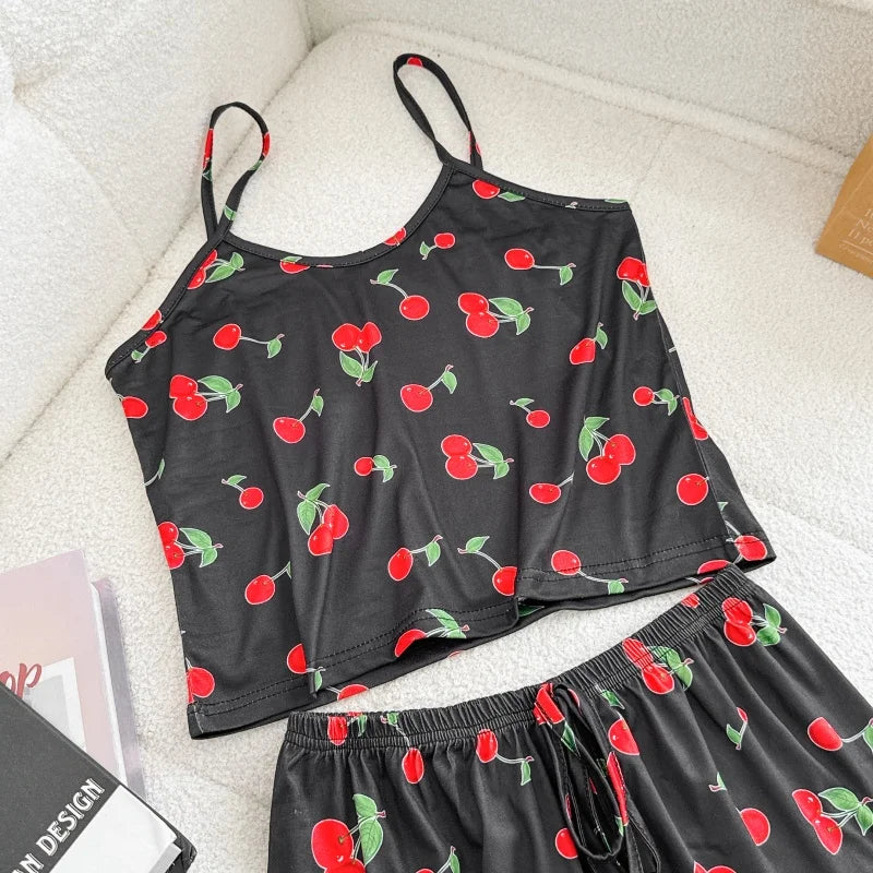 Women's Ice Silk Print Pajama Set | Round Neck T-Shirt & Shorts Breathable Homewear