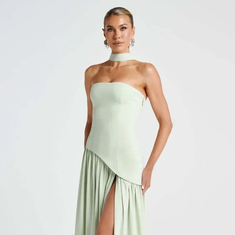 Pleated Off-Shoulder Maxi Dress — High Slit Scarf Slim Fit Evening Party Dress