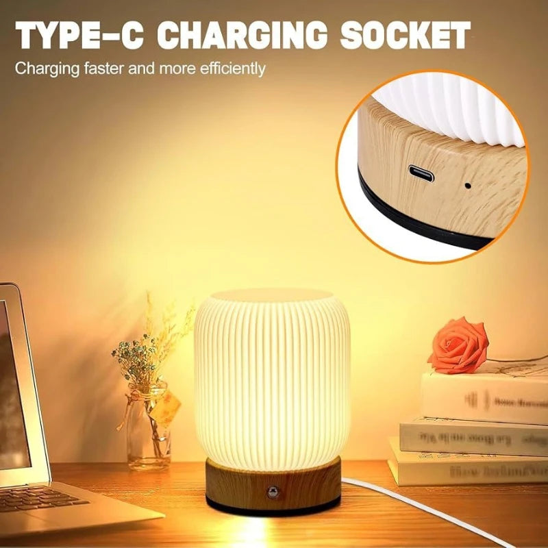 Wood-Grain Touch Lamp – Rechargeable Bedside Light