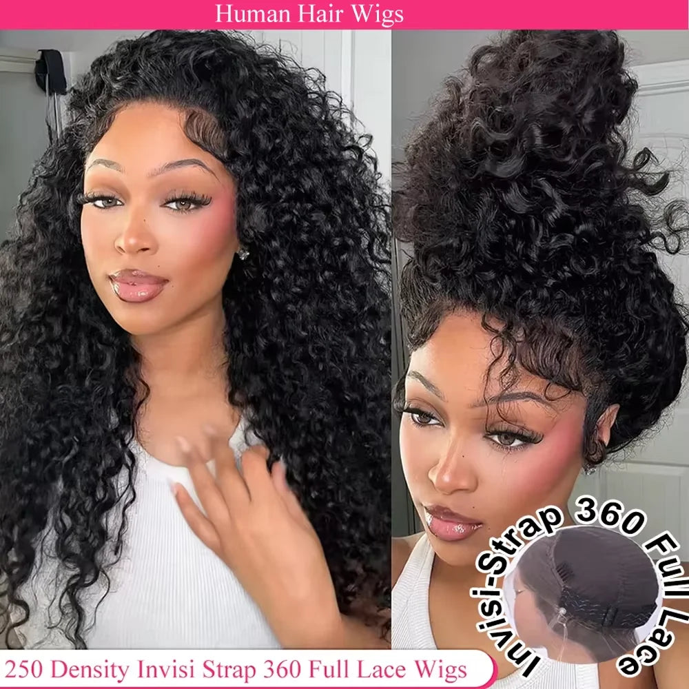 Invisi Strap HD 360 Full Lace Wig Human Hair 250 Density Precut 360 Lace Front Wig Deep Curly Glueless Wig Human Hair Wig