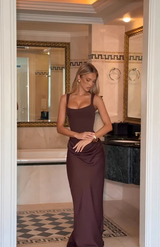 Square Neck Pleated Sling Dress — Off-Shoulder Waist-Cinching Slim Evening Gown