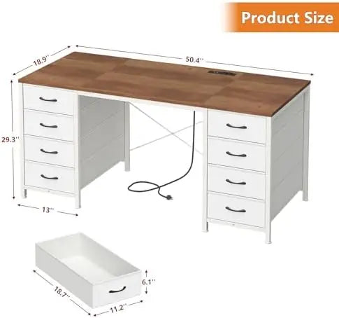 50-Inch Computer Desk with 8 Fabric Drawers & Power Outlets — L-Shape Home Office & Gaming Desk