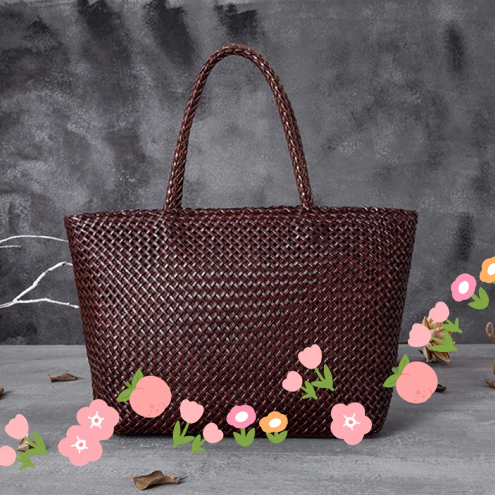 Handmade Woven Cowhide Leather Bucket Tote Bag – Romantic Beach Shoulder Handbag for Women